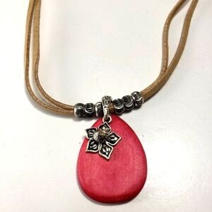 Layered Leather Cord Silver-tone Beads Necklace Red Pendant - New York & Co.